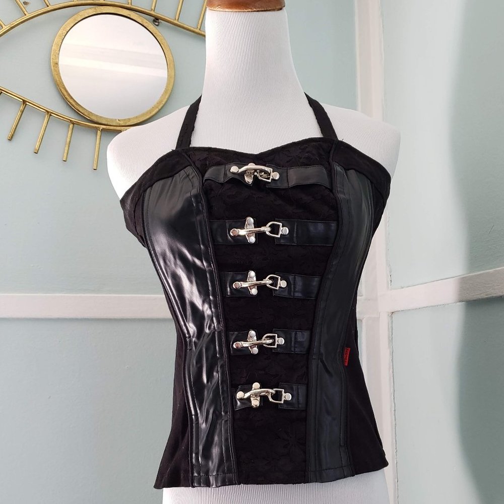 Tripp NYC Black Lace and Faux leather corset Top